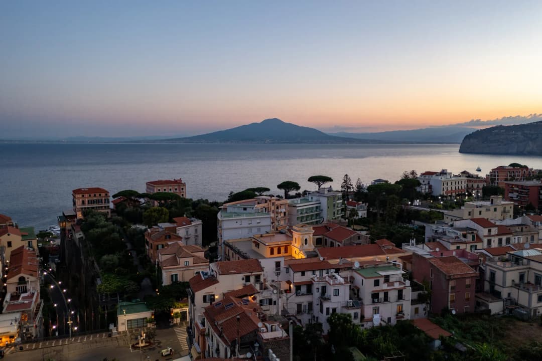 Sorrento and the Bay of Naples looking toward Mt. Vesuvius at dawn in Italy