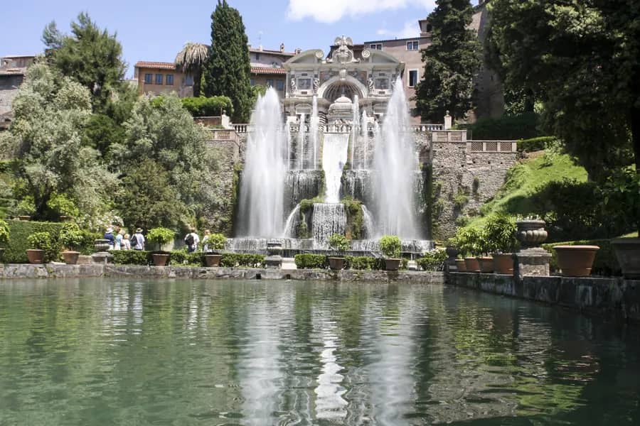 the waterfall and reflecting pool in front of the Villa d'Este in Tivoli, Italy